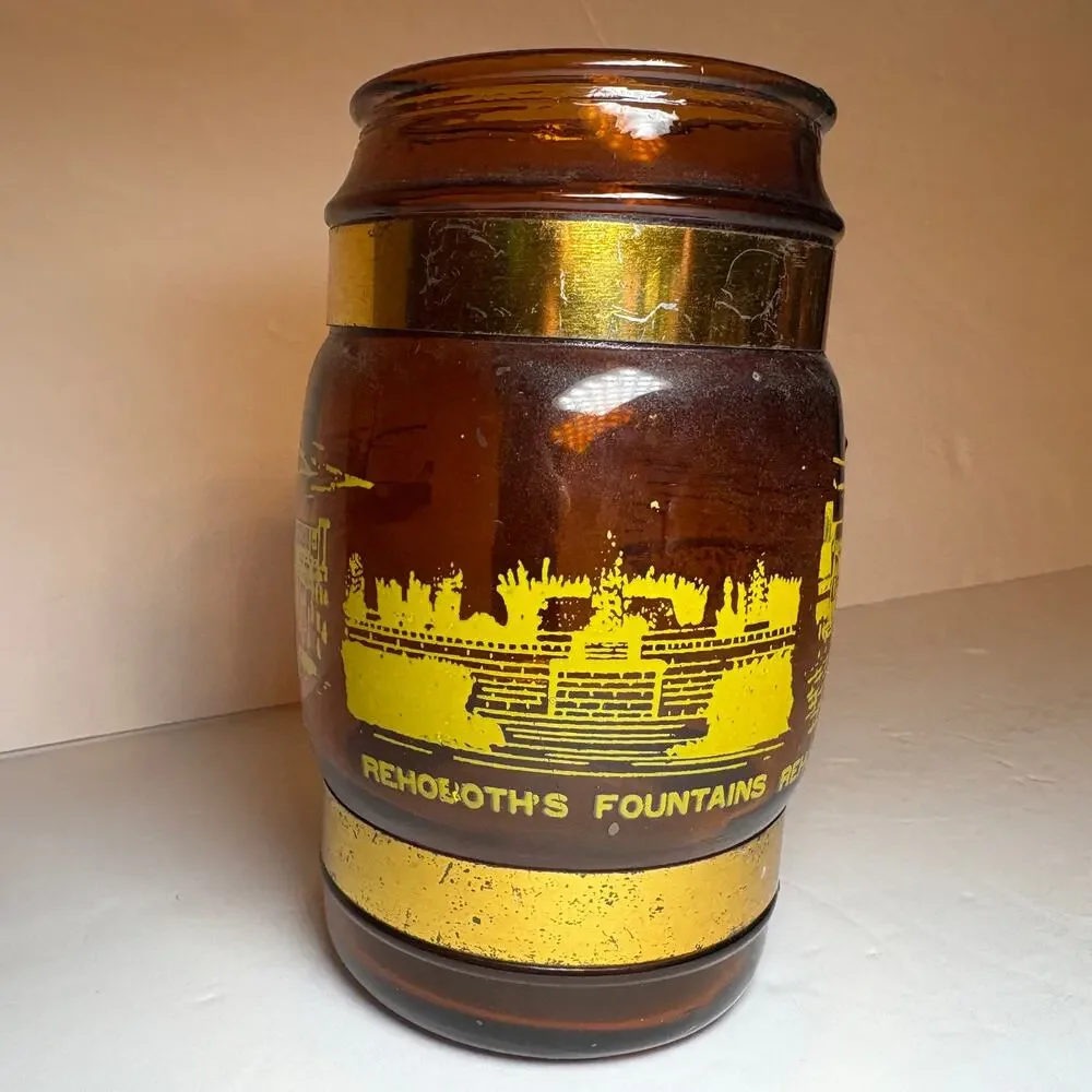 Vintage Rehoboth Beach Souvenir Brown Glass Barrel Mug Wood Handle Boardwalk